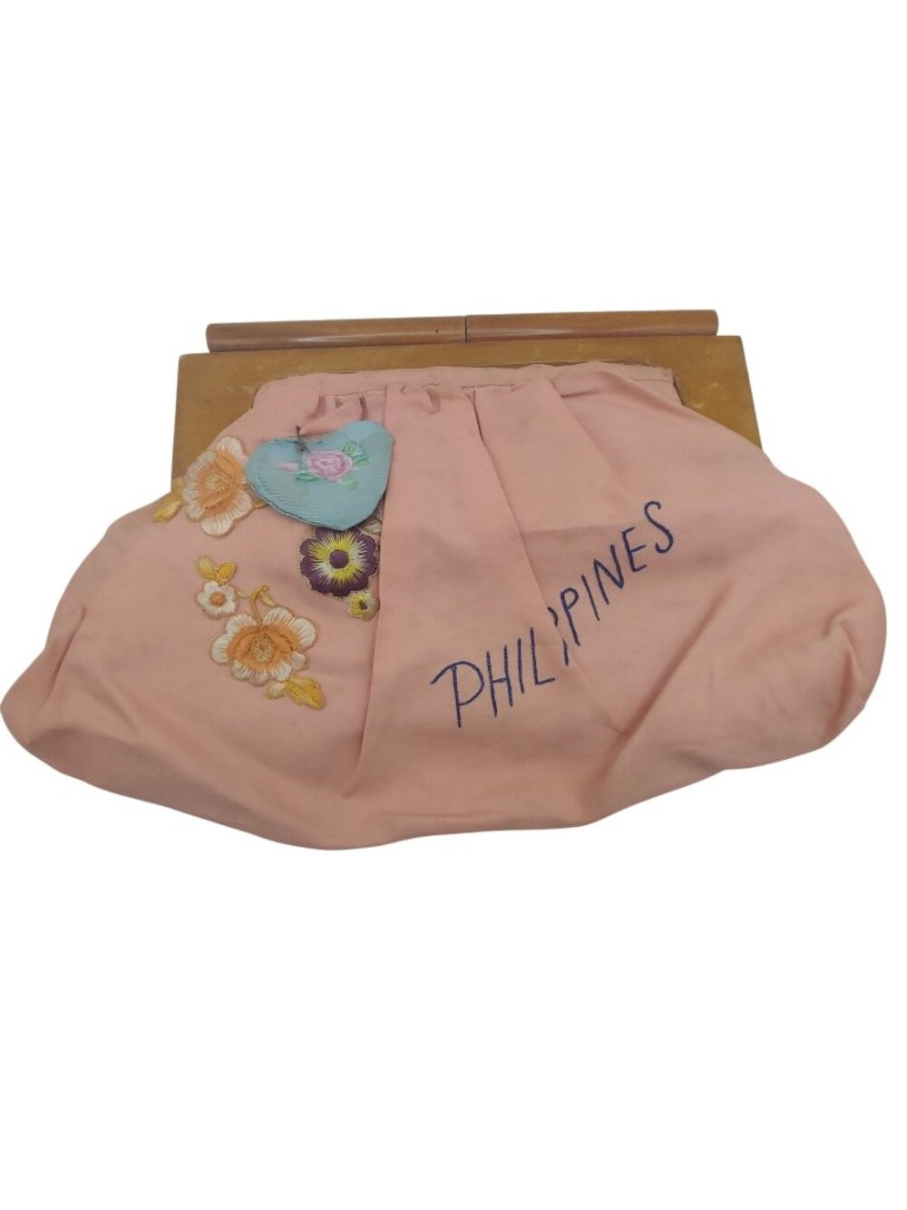 Embroidered Handbag Purse Philippines Pink Cloth Wooden Frame Floral Vintage